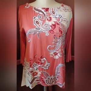 JM Collection Paisley Top Coral Floral Petite